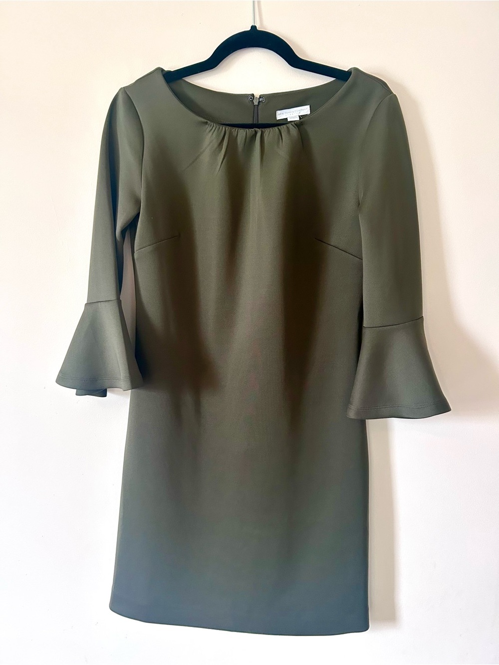 New York & Company Olive Green Bell Sleeve Shift Dress Small Stretch